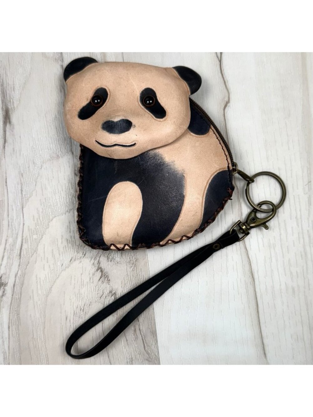SUNFLOWER Handmade Genuine Leather PANDA WRISTLET Coin Purse Wallet Keychain EUC